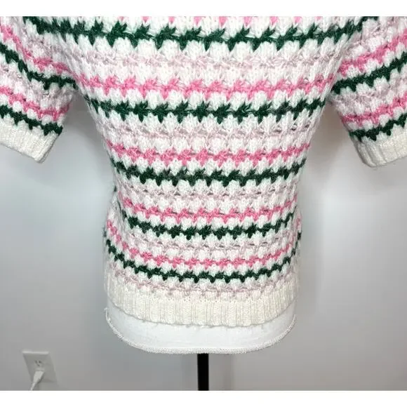 ZARA Crochet Knit Cropped Pastel Short Sleeve Sweater In Cream Pink Size Small - Picture 8 of 10